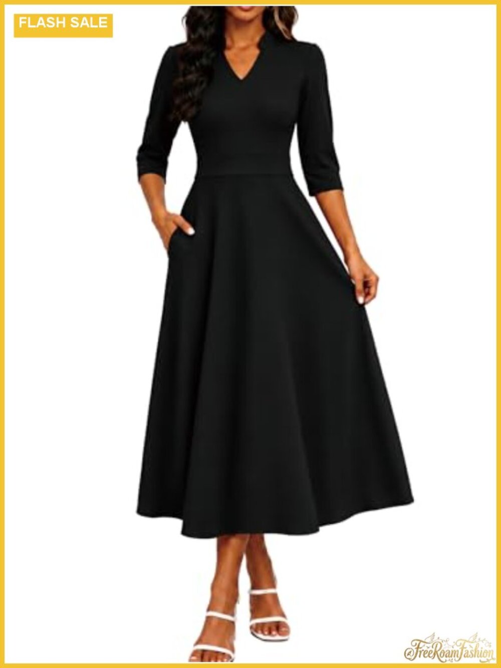 Women 3/4 Sleeve V-Neck Midi Dress with Pockets A-Line Fit and Flare Tea Length